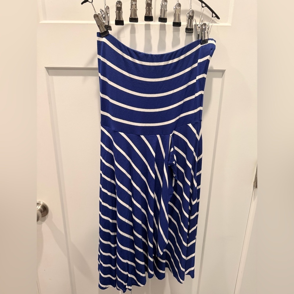 Ann Taylor Petite Blue White Striped Strapless Dress Fit Flare small petite